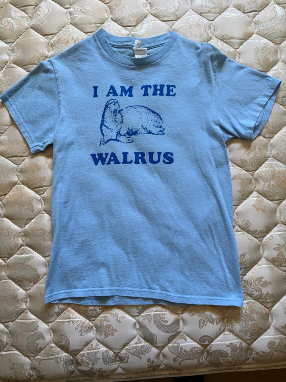 Light Blue Short Sleeve Tee with Beatle reference I Am the Walrus Print